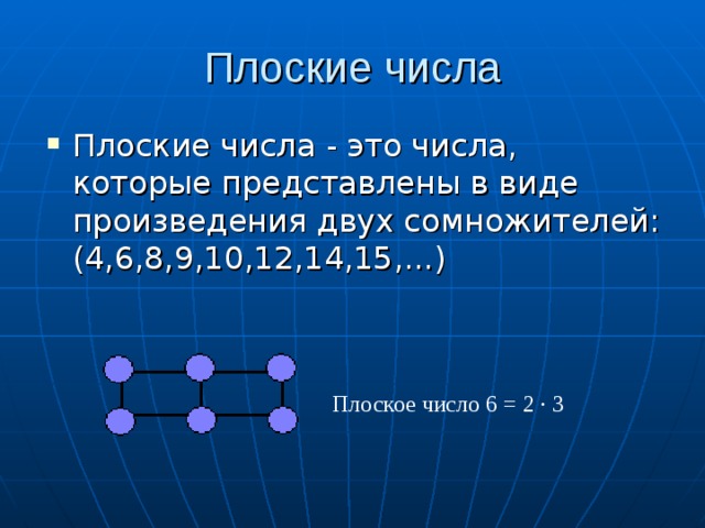 Плоские числа Плоские числа - это числа, которые представлены в виде произведения двух сомножителей: (4,6,8,9,10,12,14,15,...)  Плоское число 6 = 2 ∙ 3