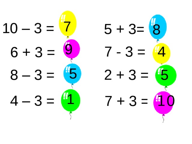 7 10 – 3 = 5 + 3=  8 9 7 - 3 =  4 6 + 3 = 5 2 + 3 = 5 8 – 3 = 1 4 – 3 = 7 + 3 =  10