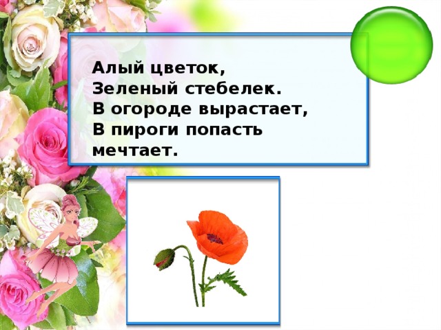 Алый цветок, Зеленый стебелек. В огороде вырастает, В пироги попасть мечтает.