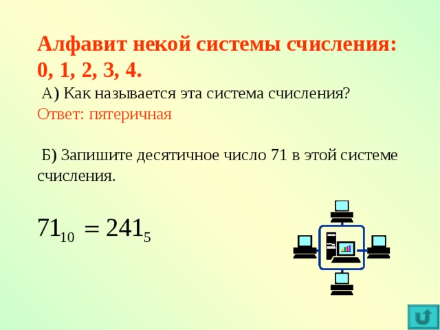 Алфавит некой системы счисления: 0, 1, 2, 3, 4.  А) Как называется эта система счисления? Ответ: пятеричная  Б) Запишите десятичное число 71 в этой системе счисления.