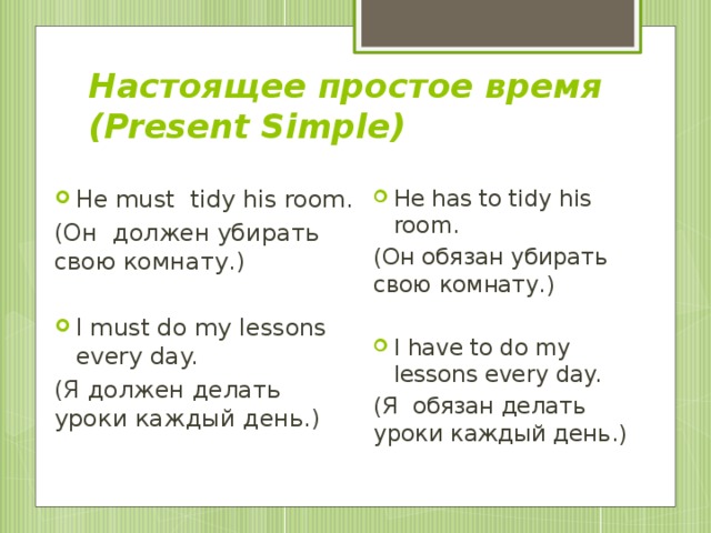 Настоящее простое время  (Present Simple) He must tidy his room. He has to tidy his room. (Он должен убирать свою комнату.) (Он обязан убирать свою комнату.) I must do my lessons every day. I have to do my lessons every day. (Я должен делать уроки каждый день.) (Я обязан делать уроки каждый день.)