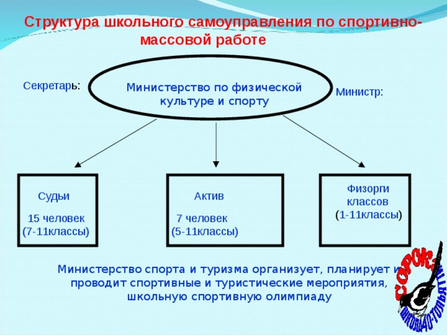 Министерство по физической культуре и спорту  Структура школьного самоуправления по спортивно-массовой работе Секретар ь: Министр: Физорги классов Актив Судьи ( 1-11классы ) 15 человек (7-11классы) 7 человек (5-11классы) Министерство спорта и туризма организует, планирует и проводит спортивные и туристические мероприятия, школьную спортивную олимпиаду