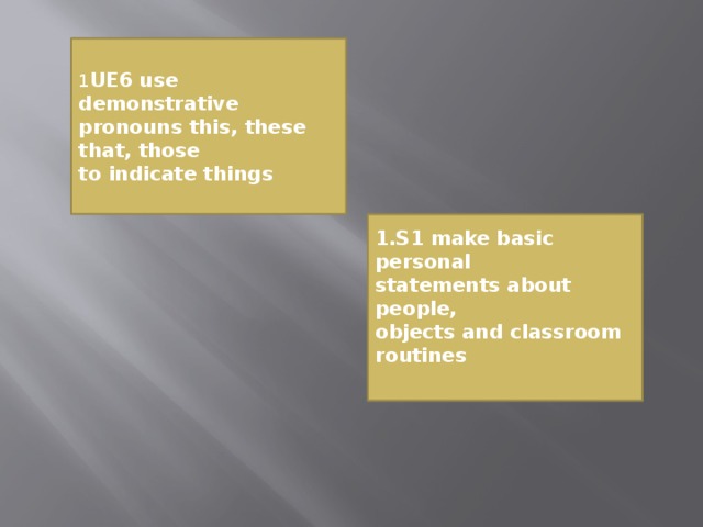 1 UE6 use demonstrative pronouns this, these that, those to indicate things 1.S1 make basic personal statements about people, objects and classroom routines
