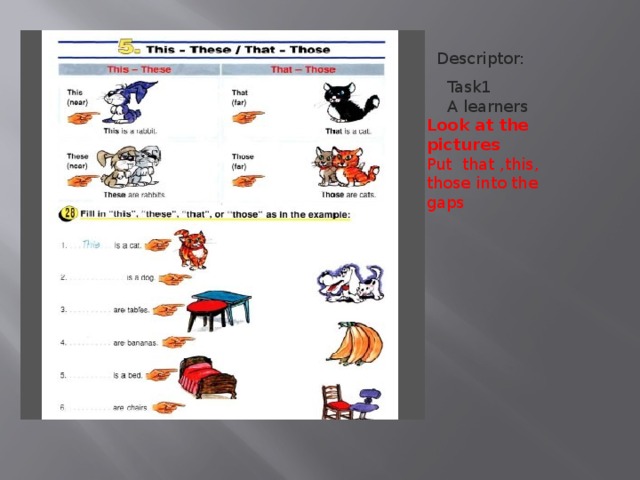 Task1  A learners Look at the pictures Put that ,this, those into the gaps  Descriptor: