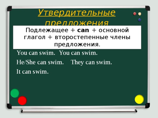 Утвердительные  предложения    I can swim.    We can swim.  You can swim.   You can swim.  He/She can swim.  They can swim.  It can swim. Подлежащее + can + основной глагол + второстепенные члены предложения .