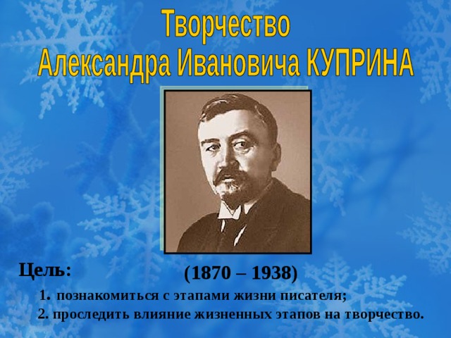 Цель:  1 . познакомиться с этапами жизни писателя;  2. проследить влияние жизненных этапов на творчество.  (1870 – 1938)