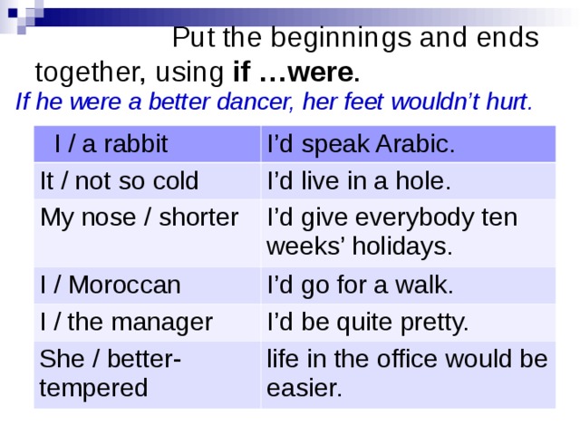 Put the beginnings and ends together, using if …were . If he were a better dancer, her feet wouldn’t hurt.   I / a rabbit I’d speak Arabic. It / not so cold I’d live in a hole. My nose / shorter I’d give everybody ten weeks’ holidays. I / Moroccan I’d go for a walk. I / the manager I’d be quite pretty. She / better-tempered life in the office would be easier.