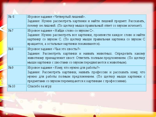 № 6 Игровое задание «Четвертый лишний». № 7 Задание: Нужно рассмотреть картинки и найти лишний предмет. Рассказать, почему он лишний. (По щелчку мыши правильный ответ со звуком исчезает). Игровое задание «Найди слово со звуком С». № 8 Задание: Нужно рассмотреть все картинки, произнести каждое слово и найти картинку со звуком С. (По щелчку мыши правильная картинка со звуком С вращается, а остальные картинки покачиваются). Игровое задание «Чьи это хвосты?» № 9 Задание: Рассмотреть картинки и назвать животных. Определить какому животному принадлежит хвост. Ответить полным предложением. (По щелчку мыши картинки с хвостами со звуком передвигаются к животным). Игровое задание «Кому, что нужно для работы?» № 10 Задание: Рассмотреть картинки, назвать профессии и рассказать кому, что нужно для работы полным предложением. (По щелчку мыши картинки с предметами со звуком перемещаются к картинкам с профессиями). Спасибо за игру.