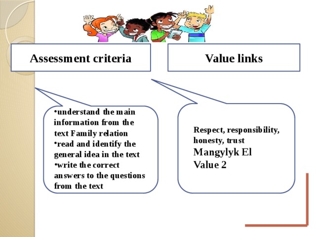 Assessment criteria Value links understand the main information from the text Family relation read and identify the general idea in the text write the correct answers to the questions from the text Respect, responsibility, honesty, trust Mangylyk El Value 2