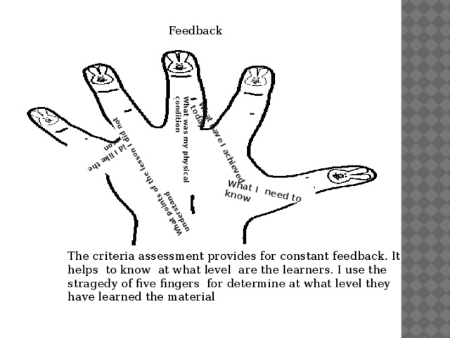 What I need to know  What have I achieved today  What was my physical condition  Did I like the lesson  What points of the lesson I did not understand  Feedback The criteria assessment provides for constant feedback. It helps to know at what level are the learners. I use the stragedy of five fingers for determine at what level they have learned the material