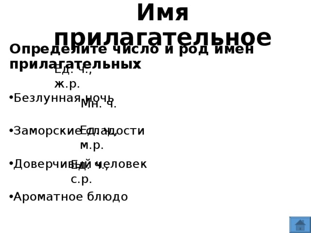 Имя  прилагательное Определите число и род имен прилагательных  Безлунная ночь  Заморские сладости  Доверчивый человек  Ароматное блюдо Ед. ч., ж.р. Мн. ч. Ед. ч., м.р. Ед. ч., с.р.