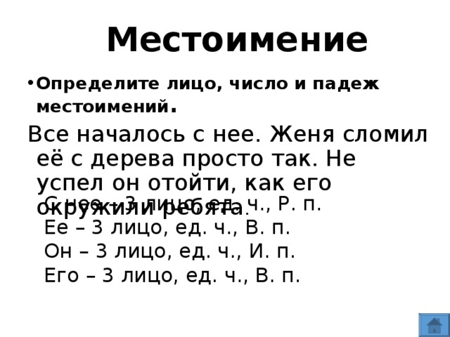 Местоимение Определите лицо, число и падеж местоимений . Все началось с нее. Женя сломил её с дерева просто так. Не успел он отойти, как его окружили ребята . С нее – 3 лицо, ед. ч., Р. п. Ее – 3 лицо, ед. ч., В. п. Он – 3 лицо, ед. ч., И. п. Его – 3 лицо, ед. ч., В. п.