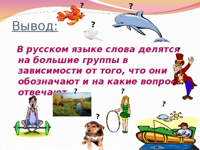 ? ? Вывод: ?  В русском языке слова делятся на большие группы в зависимости от того, что они обозначают и на какие вопросы отвечают. ? ? ? ? ? ?