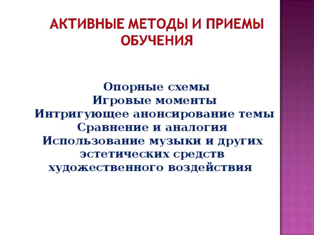 Опорные схемы   Игровые моменты   Интригующее анонсирование темы  Сравнение и аналогия  Использование музыки и других эстетических средств художественного воздействия