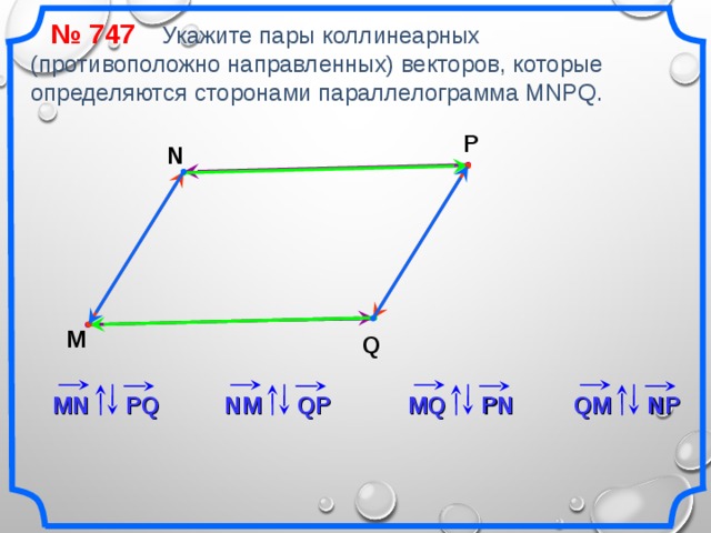 № 747 Укажите пары коллинеарных (противоположно направленных) векторов, которые определяются сторонами параллелограмма MNPQ. P N M Q «Геометрия 7-9» Л.С. Атанасян и др. QM NP NM PN PQ MQ QP MN 15