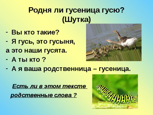 Родня ли гусеница гусю?  (Шутка) Вы кто такие? Я гусь, это гусыня, а это наши гусята. А ты кто ? А я ваша родственница – гусеница.   Есть ли в этом тексте  родственные слова ?