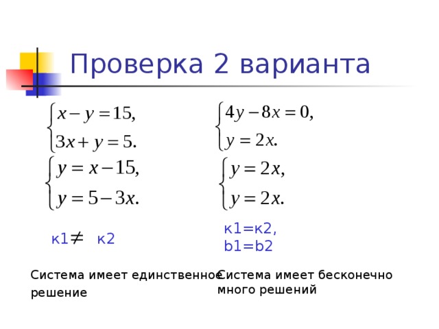 Проверка 2 варианта к1=к2, b1=b2 к1 к2 Система имеет единственное решение Система имеет бесконечно много решений