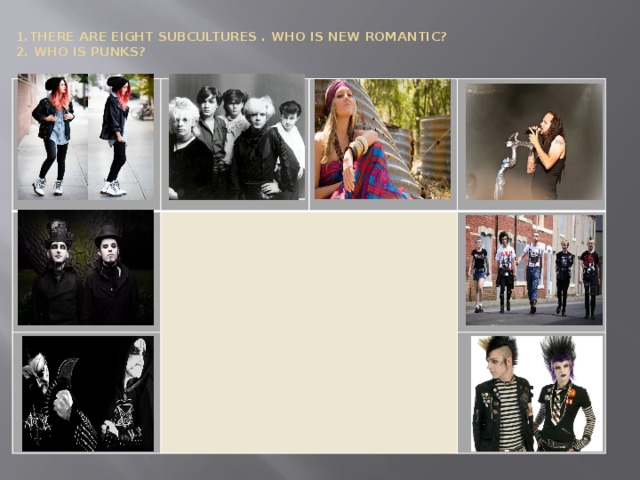 1.There are eight subcultures . Who is New romantic?  2. Who is Punks?