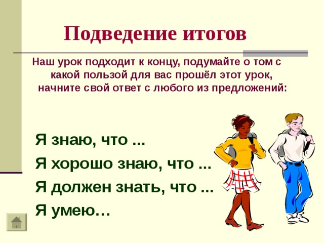 Подведение итогов Наш урок подходит к концу, подумайте о том с какой пользой для вас прошёл этот урок, начните свой ответ с любого из предложений:    Я знаю, что ...  Я хорошо знаю, что ...  Я должен знать, что ...  Я умею…