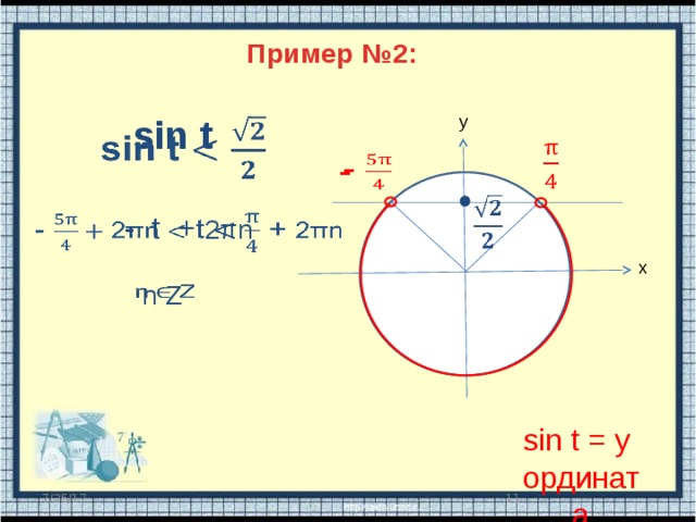 Пример №2: y sin t        -   - t +  2πn   x n Z   sin t = y ордината 10 7/25/17