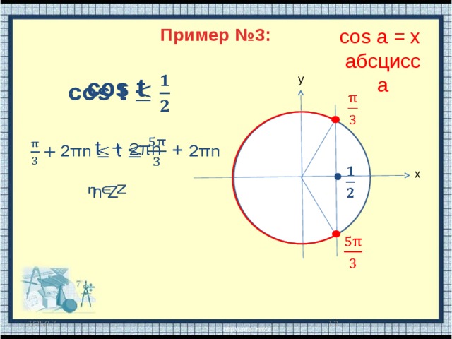 Пример №3: cos a = x абсцисса   y cos t    t +  2πn      x n Z     11 7/25/17