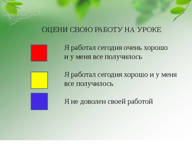 ОЦЕНИ СВОЮ РАБОТУ НА УРОКЕ  Я работал сегодня очень хорошо  и у меня все получилось  Я работал сегодня хорошо и у меня  все получилось  Я не доволен своей работой