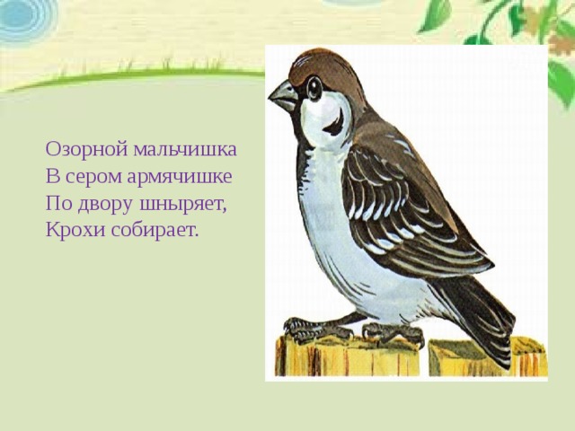 Озорной мальчишка В сером армячишке По двору шныряет, Крохи собирает.