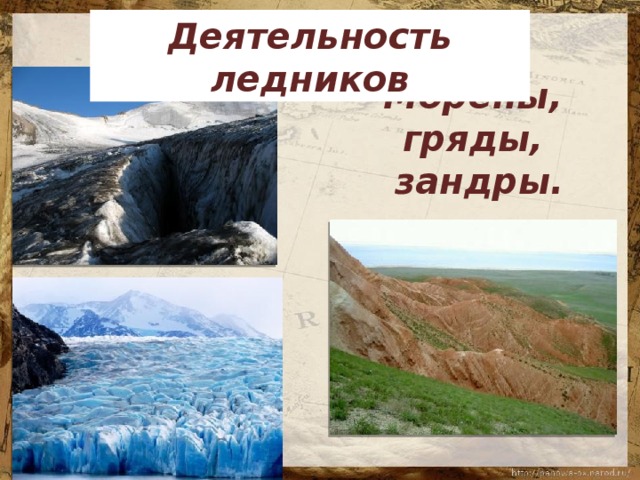 Деятельность ледников Морены, гряды, зандры.
