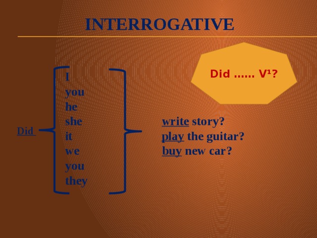 interrogative Did …… V¹? Did I  you he she write story? it play the guitar? we buy new car? you they