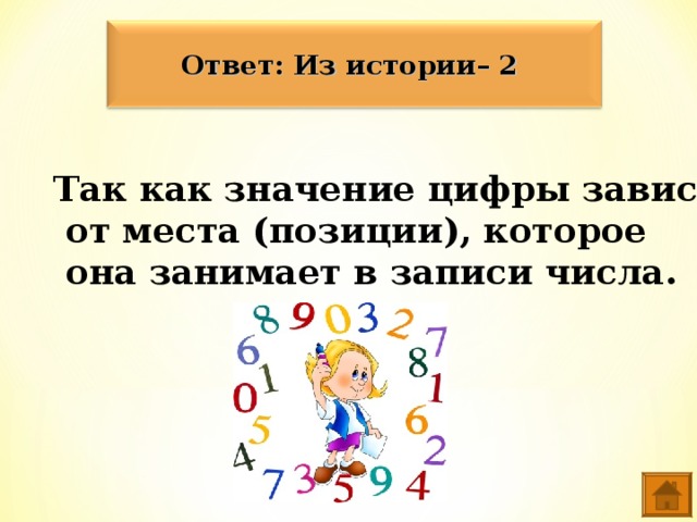 Ответ: Из истории– 2 Так как значение цифры зависит  от места (позиции), которое  она занимает в записи числа.