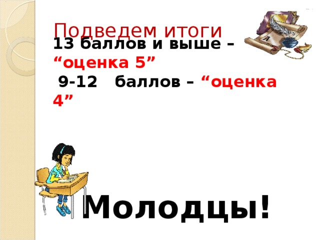 Подведем итоги 13 баллов и выше – “оценка 5”  9-12 баллов – “оценка 4”    Молодцы!