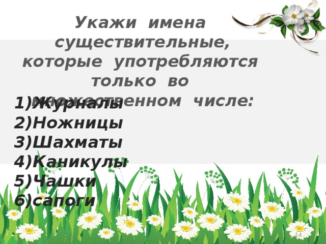 Укажи имена существительные, которые употребляются только во множественном числе: 1)Журналы 2)Ножницы 3)Шахматы 4)Каникулы 5)Чашки 6)сапоги