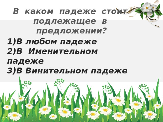 В каком падеже стоит подлежащее в предложении? 1)В любом падеже 2)В Именительном падеже 3)В Винительном падеже