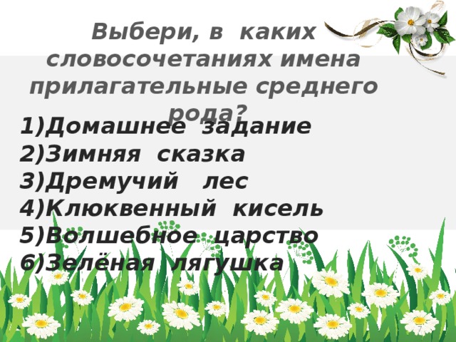 Выбери, в каких словосочетаниях имена прилагательные среднего рода? 1)Домашнее задание 2)Зимняя сказка 3)Дремучий лес 4)Клюквенный кисель 5)Волшебное царство 6)Зелёная лягушка