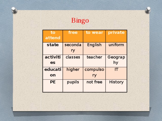 Bingo to attend free state secondary to wear activities English classes private education uniform higher PE teacher compulsory pupils Geography IT not free History