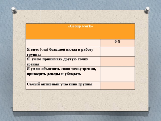 «Group work»     0-5 Я внес (-ла) большой вклад в работу группы   Я умею принимать другую точку зрения   Я умею объяснять свою точку зрения, приводить доводы и убеждать   Самый активный участник группы  