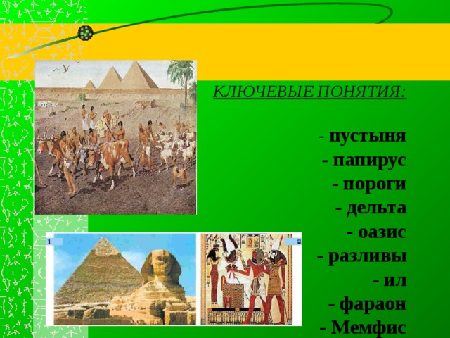 КЛЮЧЕВЫЕ ПОНЯТИЯ:   - пустыня  - папирус  - пороги  - дельта  - оазис  - разливы  - ил  - фараон  - Мемфис