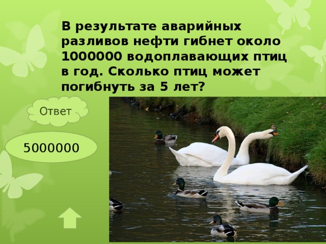 В результате аварийных разливов нефти гибнет около 1000000 водоплавающих птиц в год. Сколько птиц может погибнуть за 5 лет? 5000000