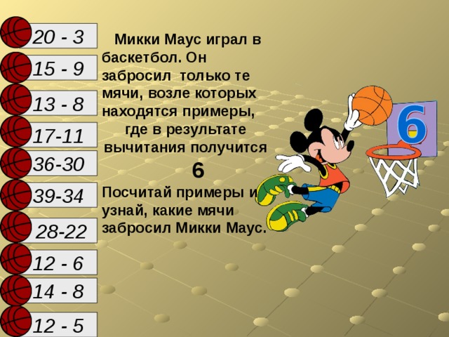 20 - 3  Микки Маус играл в баскетбол. Он забросил только те мячи, возле которых находятся примеры, где в результате вычитания получится 6 Посчитай примеры и узнай, какие мячи забросил Микки Маус.  15 - 9 13 - 8 17-11 36-30 39-34  28-22 12 - 6 14 - 8  12 - 5