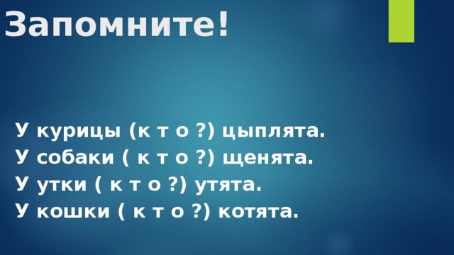 Запомните!  У курицы (к т о ?) цыплята. У собаки ( к т о ?) щенята. У утки ( к т о ?) утята. У кошки ( к т о ?) котята.