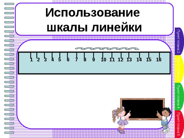 Использование шкалы линейки Пункт плана 2 Пункт плана 3 1 2 3 4 5 6 7 8 9 10 11 12 13 14 15 16 Пункт плана 4 Пункт плана 5