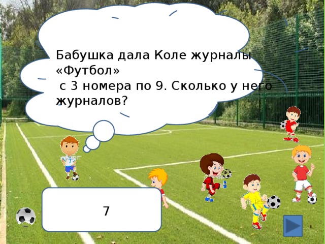 Бабушка дала Коле журналы «Футбол»  с 3 номера по 9. Сколько у него журналов? 7