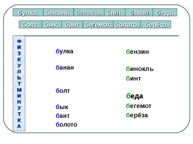 булка, банан бензин, бинокль, бинт, беда, бант болт, бык, болото, бегемот, берёза Ф И З К У Л Ь Т М И Н У Т К А  б ензин  б инокль  б инт  б еда   б егемот  б ерёза б улка  б анан    б олт  б ык б ант  б олото