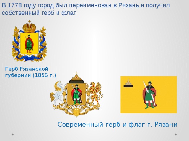 В 1778 году город был переименован в Рязань и получил собственный герб и флаг.   Герб Рязанской губернии (1856 г.)  Современный герб и флаг г. Рязани