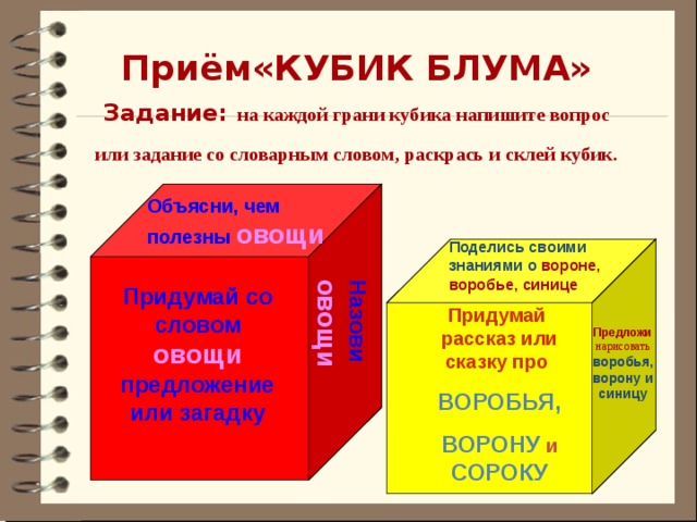 Назови овощи Приём«КУБИК БЛУМА»  Задание: на каждой грани кубика напишите вопрос или задание со словарным словом, раскрась и склей кубик. Объясни, чем полезны овощи Поделись своими знаниями о вороне, воробье, синице Придумай со словом  овощи предложение или загадку Придумай рассказ или сказку про ВОРОБЬЯ, ВОРОНУ  и  СОРОКУ  Предложи нарисовать  воробья, ворону и синицу