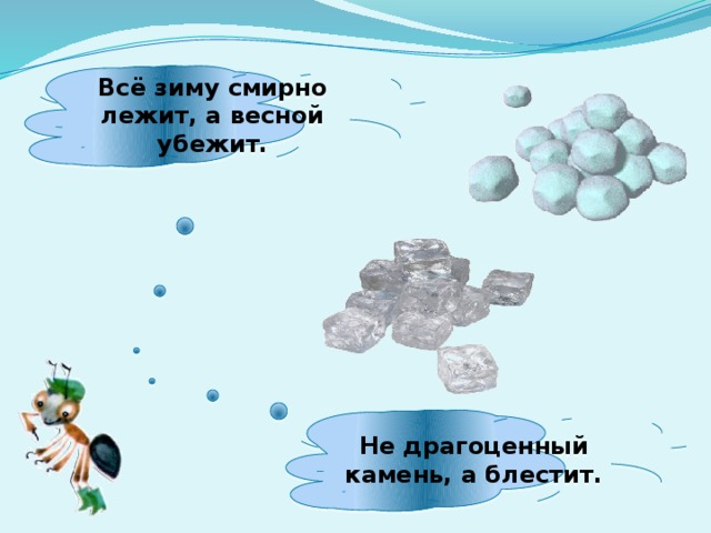 Всё зиму смирно лежит, а весной убежит. Не драгоценный камень, а блестит.