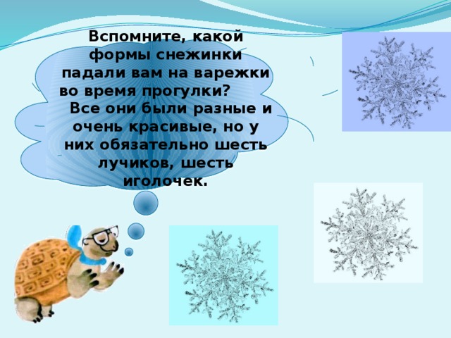 Вспомните, какой формы снежинки падали вам на варежки во время прогулки? Все они были разные и очень красивые, но у них обязательно шесть лучиков, шесть иголочек.