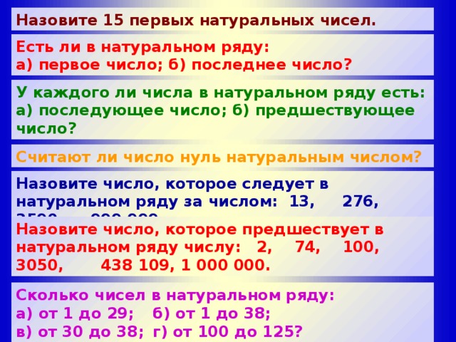 Назовите 15 первых натуральных чисел. Есть ли в натуральном ряду: а) первое число; б) последнее число? У каждого ли числа в натуральном ряду есть: а) последующее число; б) предшествующее число?  Считают ли число нуль натуральным числом? Назовите число, которое следует в натуральном ряду за числом: 13, 276, 3590, 999 999. Назовите число, которое предшествует в натуральном ряду числу: 2, 74, 100, 3050, 438 109, 1 000 000. Сколько чисел в натуральном ряду: а) от 1 до 29;  б) от 1 до 38; в) от 30 до 38;  г) от 100 до 125? Сколько чисел в натуральном ряду между числами: а) 1 и 29;  б) 1 и 38; в) 30 и 38;  г) 100 и 125?