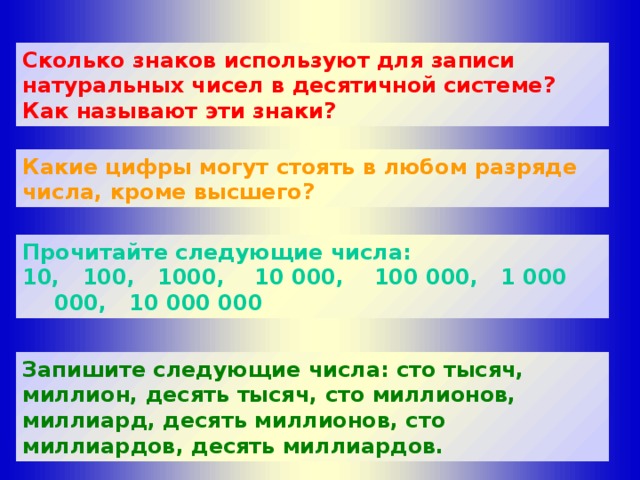 Сколько знаков используют для записи натуральных чисел в десятичной системе? Как называют эти знаки? Какие цифры могут стоять в любом разряде числа, кроме высшего?  Прочитайте следующие числа: 10, 100, 1000, 10 000, 100 000, 1 000 000, 10 000 000 Запишите следующие числа: сто тысяч, миллион, десять тысяч, сто миллионов, миллиард, десять миллионов, сто миллиардов, десять миллиардов.