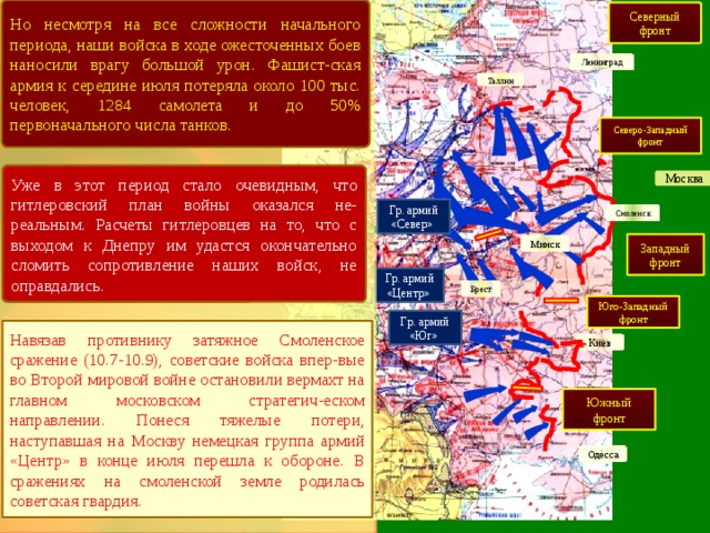 Но несмотря на все сложности начального периода, наши войска в ходе ожесточенных боев наносили врагу большой урон. Фашист-ская армия к середине июля потеряла около 100 тыс. человек, 1284 самолета и до 50% первоначального числа танков. Северный фронт Ленинград Таллин Северо-Западный фронт Уже в этот период стало очевидным, что гитлеровский план войны оказался не-реальным. Расчеты гитлеровцев на то, что с выходом к Днепру им удастся окончательно сломить сопротивление наших войск, не оправдались. Москва Гр. армий «Север» Смоленск Западный фронт Минск Гр. армий «Центр» Брест Юго-Западный фронт Гр. армий «Юг» Навязав противнику затяжное Смоленское сражение (10.7-10.9), советские войска впер-вые во Второй мировой войне остановили вермахт на главном московском стратегич-еском направлении. Понеся тяжелые потери, наступавшая на Москву немецкая группа армий «Центр» в конце июля перешла к обороне. В сражениях на смоленской земле родилась советская гвардия. Киев Южный фронт Одесса